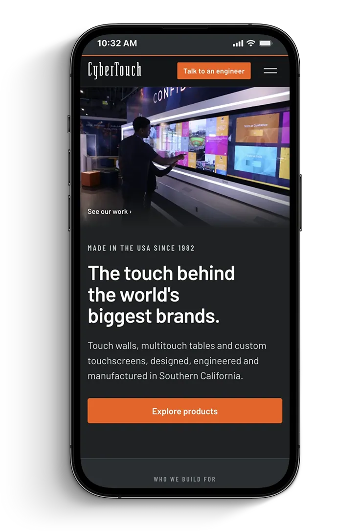 CyberTouch homepage on mobile, "The touch behind the world's biggest brands"